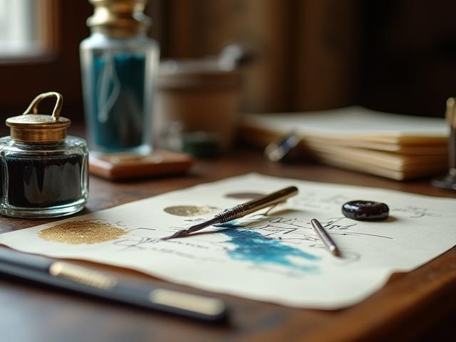 Gros plan sur les outils de calligraphie, encres et plumes, soigneusement rangés sur une table en bois.