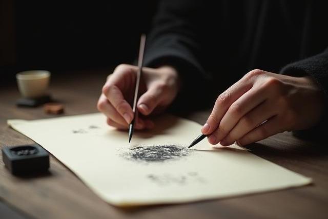 Mains tenant un pinceau de calligraphie chinoise sur du papier de riz.