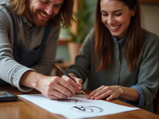 Calligraphe offrant des conseils personnalisés à un élève lors d'une session de coaching.