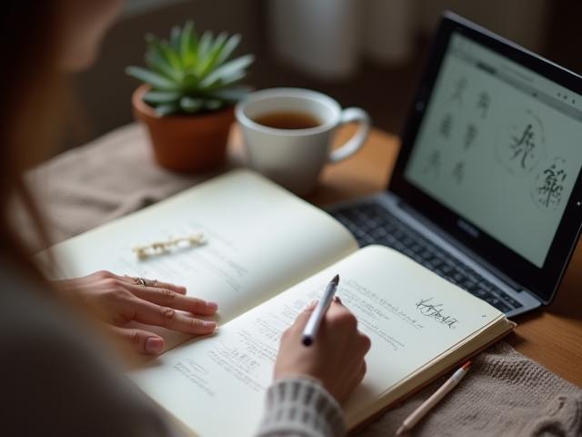 Personne suivant un cours de calligraphie en ligne sur une tablette, avec des outils d'écriture à côté.