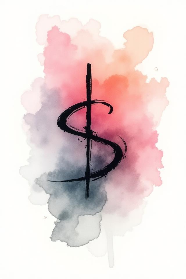 Œuvre d'art abstraite combinant calligraphie moderne et éclaboussures d'aquarelle